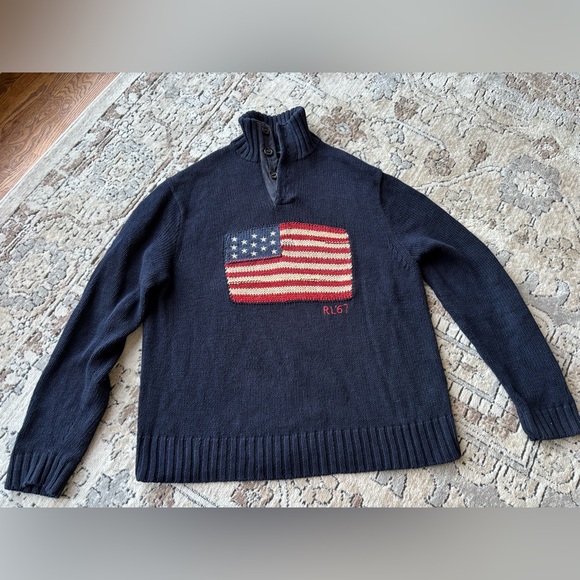 VTG POLO RALPH LAUREN SHAWL COLLAR AMERICAN FLAG SWEATER SZ XL COTTON LINEN EUC - Picture 1 of 5